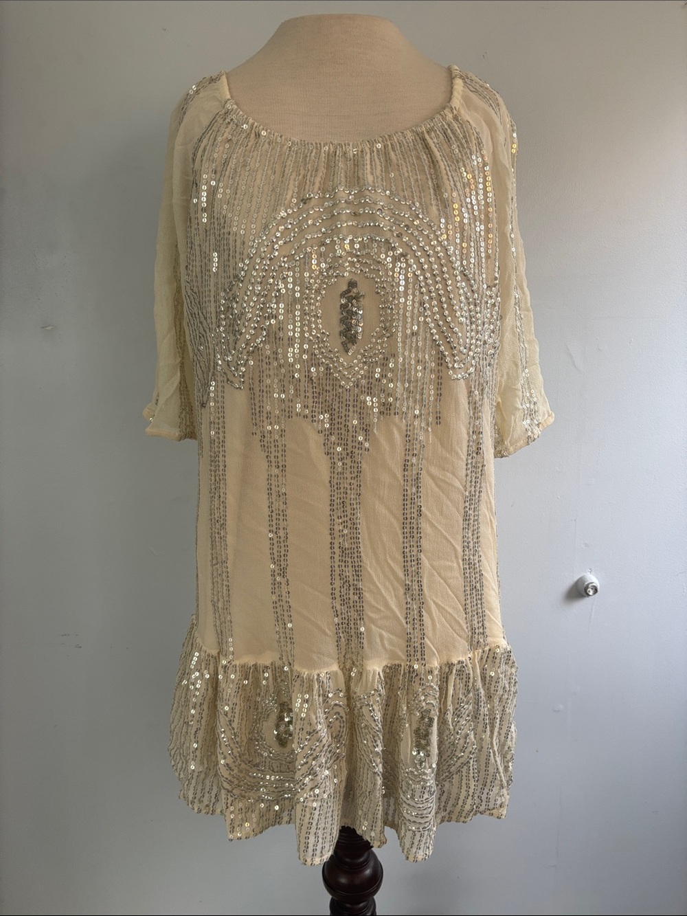 Sequin-Embellished Cream Mini Dress